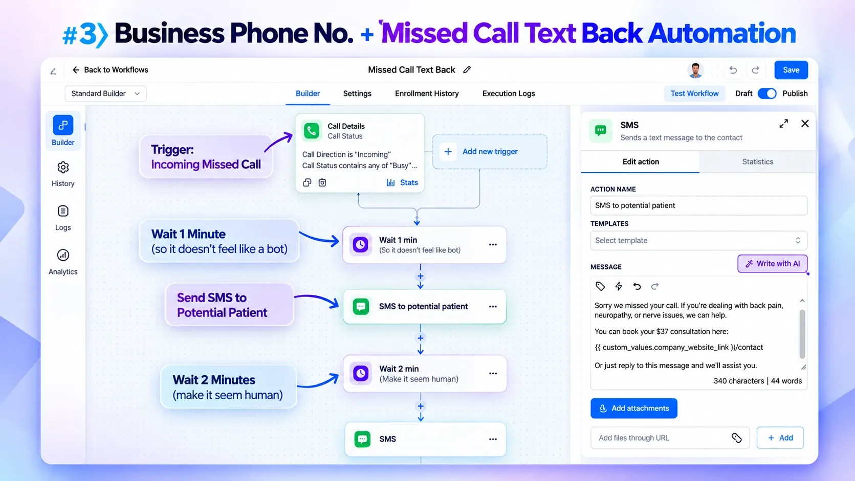 Missed-call text-back automation workflow