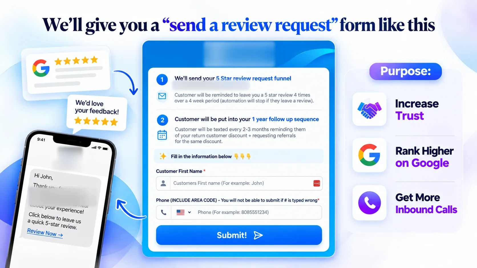 Review request form that sends patients a feedback text and follow-up sequence