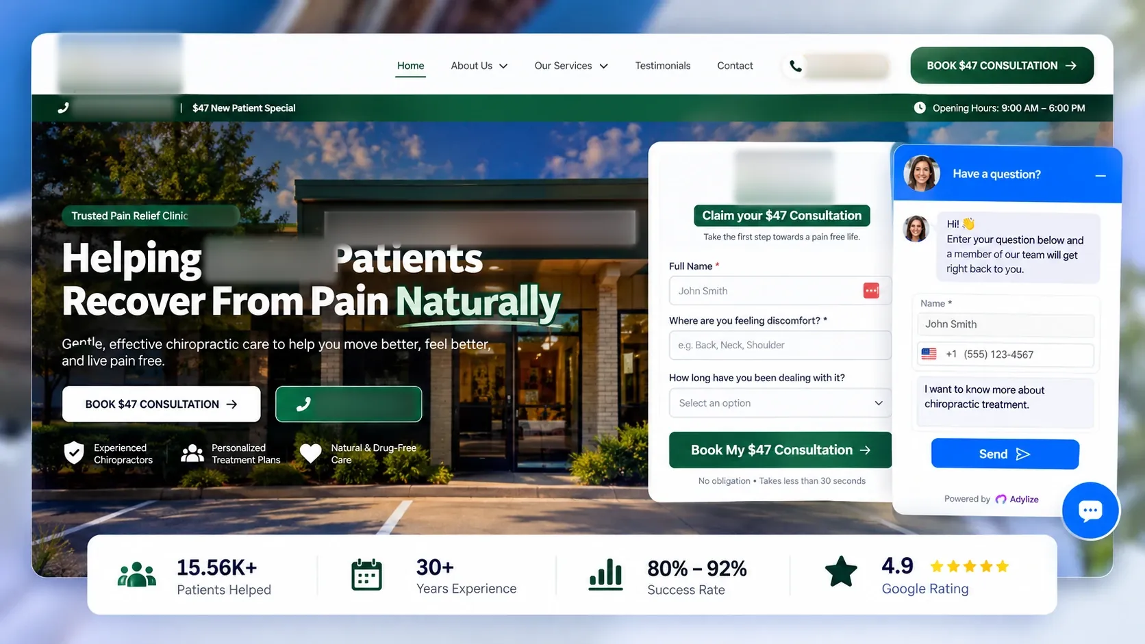 Conversion-focused practice website with lead form and AI chat